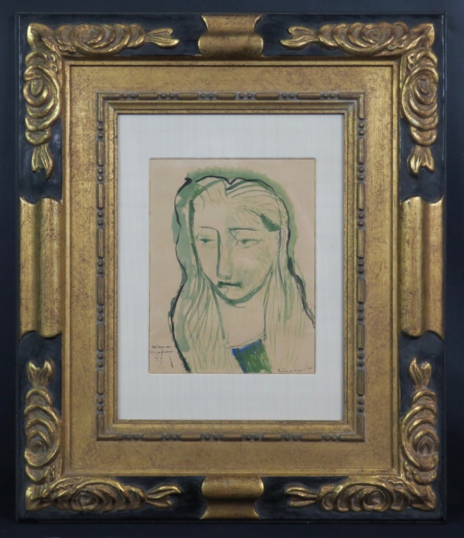 Lucebert: Aquarel en inkt op papier, Portret van Mejuffrouw J.J. - Ingelijst  verkocht voor € 1210!