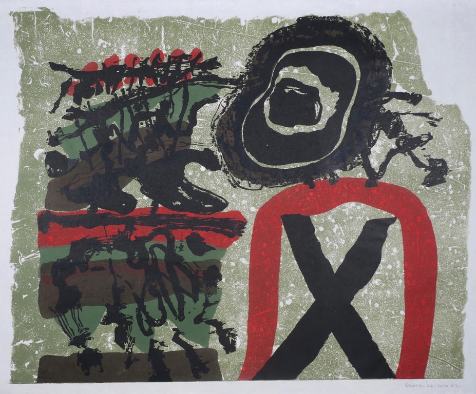 Jef Diederen: Lino en litho op Rijstpapier, Z.T. (Groen/Rood) kopen? Bied vanaf 1!