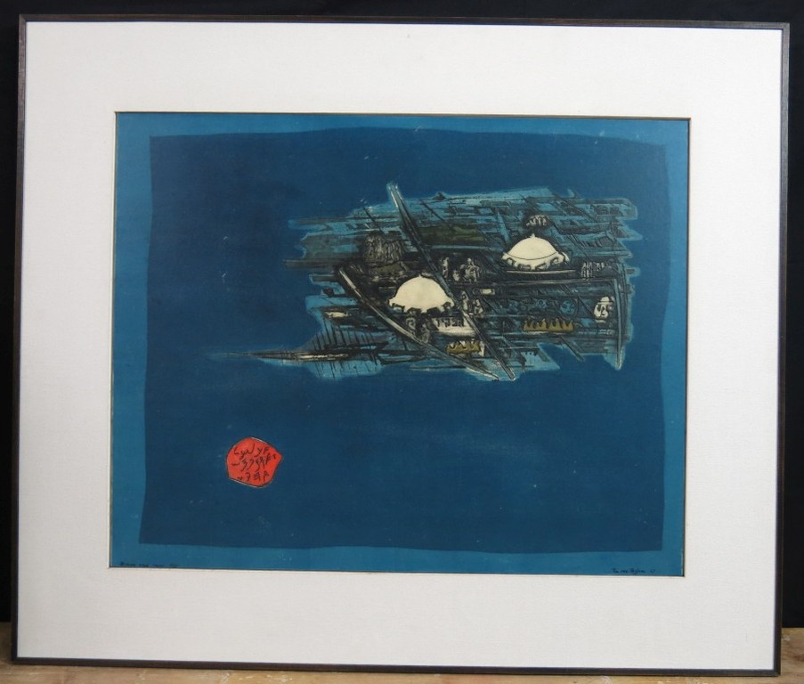 Ru van Rossem: Ets en Reliefdruk op paneel, Blauwe Stad (Acco) - Ingelijst kopen? Bied vanaf 1!