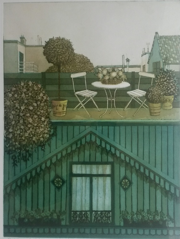 Laetitia de Haas (1948), kleurenets, Dakterras, ingelijst verkocht voor € 50!