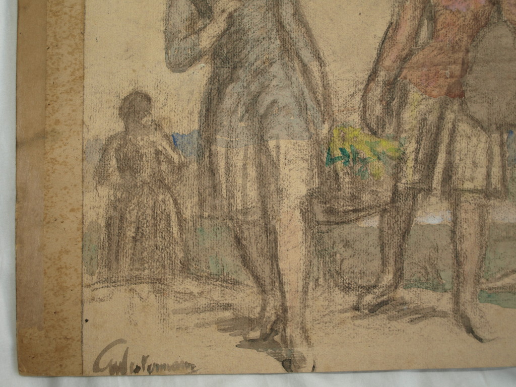 Onduidelijke signatuur: 2x Aquarel / tekening – “Paarden” en “Meisjes” - Oud kopen? Bied vanaf 1!