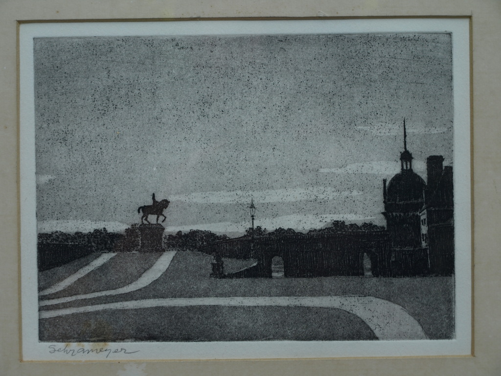 Flip Schrameijer  - Ets – Standbeeld bij paleis – Gesigneerd en ingelijst  kopen? Bied vanaf 1!