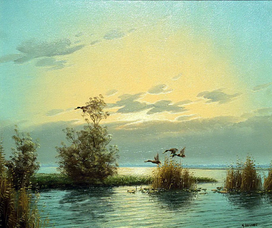 Gien Brouwer - Vliegende eenden in polderlandschap, olieverf op doek (ingelijst) kopen? Bied vanaf 125!