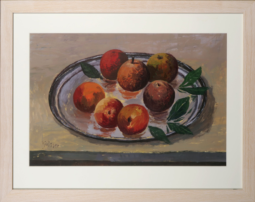 Hendrik Jan Visser: Acryl op papier, Blad met appels - Ingelijst kopen? Bied vanaf 35!
