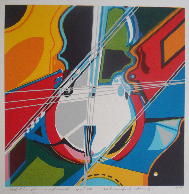 Bob Kemper, Zeefdruk op handgeschept papier, Colourful Strings verkocht voor € 36!
