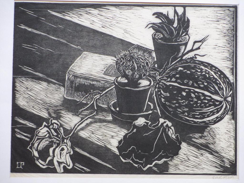 Edith Pijpers, Stilleven met roos en cactus, Houtsnede verkocht voor € 40!