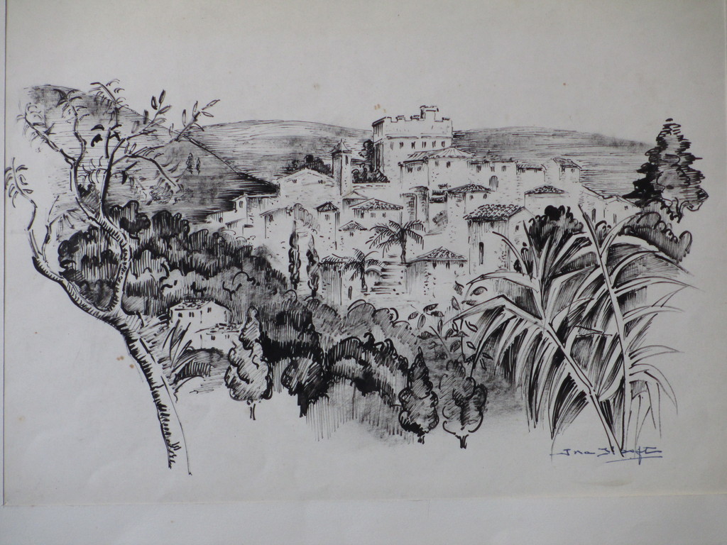 Ina Hooft, Gezicht op Mediterraan bergdorp, Inkttekening kopen? Bied vanaf 1!