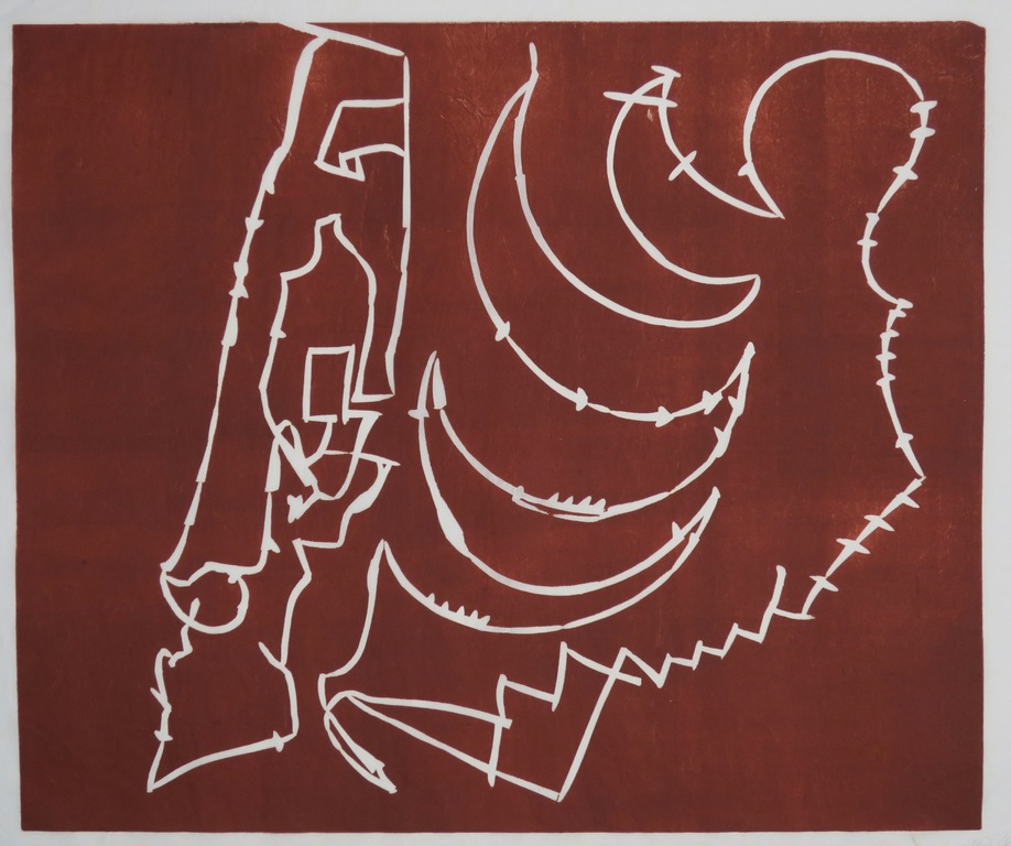 Wim Izaks: Lino op rijstpapier, Zonder titel rood (groot) verkocht voor € 60!