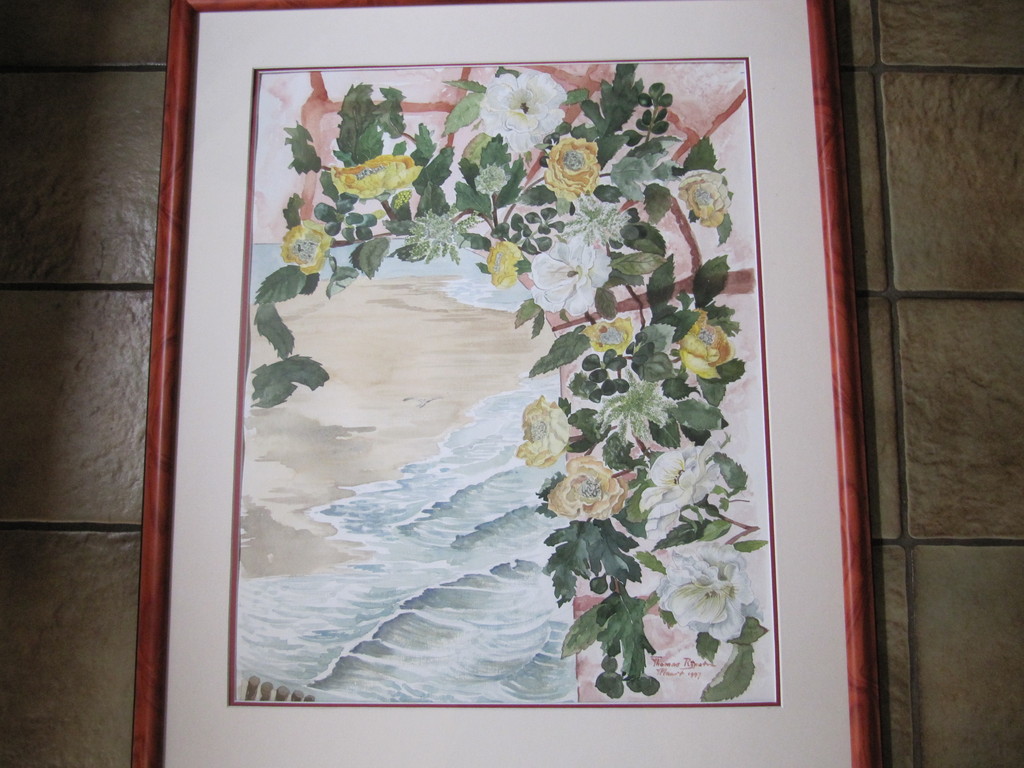 Mooie Aquarel van zeegezicht met op voorgrond rozenstruiken. kopen? Bied vanaf 30!