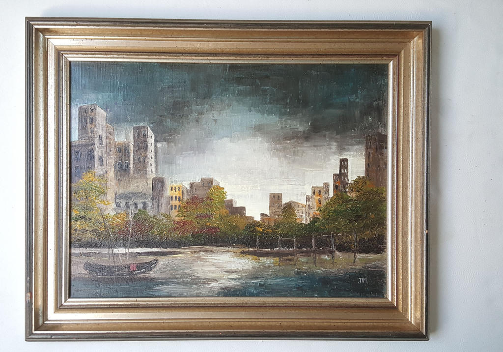 Onbekende kunstenaar (20e eeuw), Stad aan water, olieverf op doek, monogram./ kopen? Bied vanaf 1!