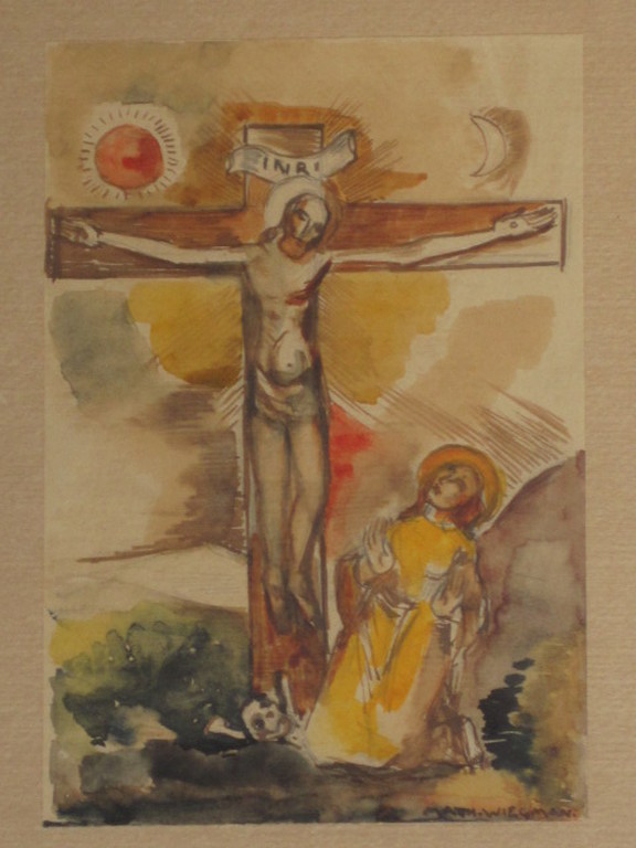 Matthieu Wiegman 1886-1971 Bergense School 1940 aquarel "kruisiging" gesigneerd  verkocht voor € 100!
