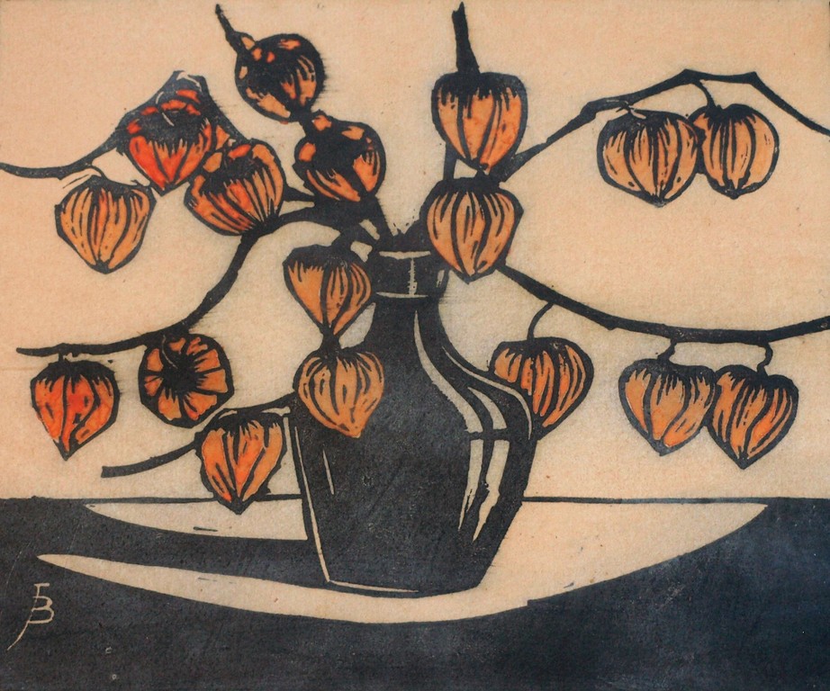 Jac. de Beer : Houtsnede , Lampionplant – gesigneerd & ingelijst  kopen? Bied vanaf 35!