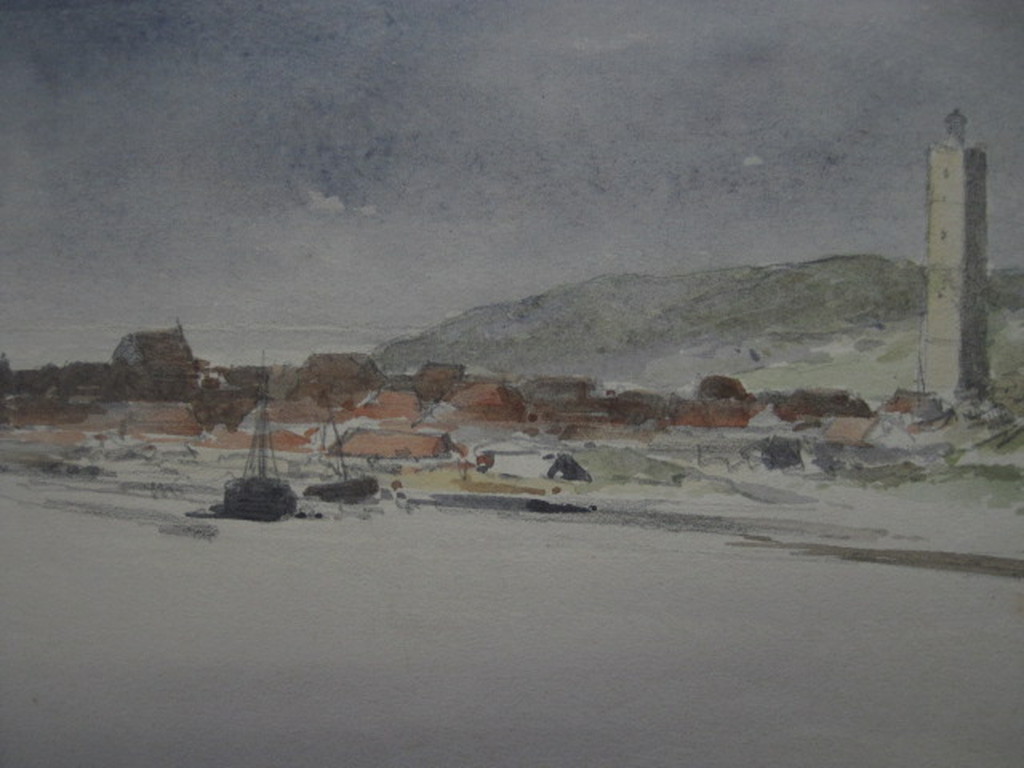 Magnifieke 19e Eeuwse Aquarel "strand Terschelling met Brandaris" G.L. Kiers  kopen? Bied vanaf 1!