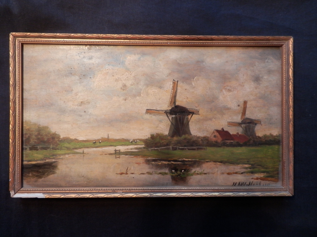H.A.WILLENBORG MOLENS IN POLDERLANDSCHAP Olieverf op paneel  CA 1920 kopen? Bied vanaf 45!