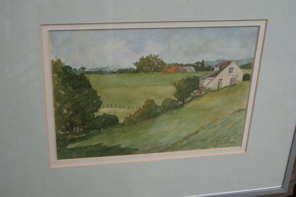 J. van Veen, Het huis tegen de dijk, acryl verf op dik papier. verkocht voor € 45!