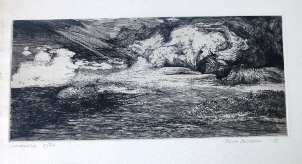Steven Barbash, ets: Landfalls, 1959, handgesigneerd verkocht voor € 50!