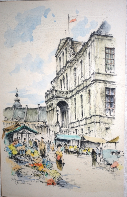  MAASTRICHT: SERVAESBRUG aquarel + BLOEMENMARKT litho met aquarel -->LOT VAN 2  kopen? Bied vanaf 35!