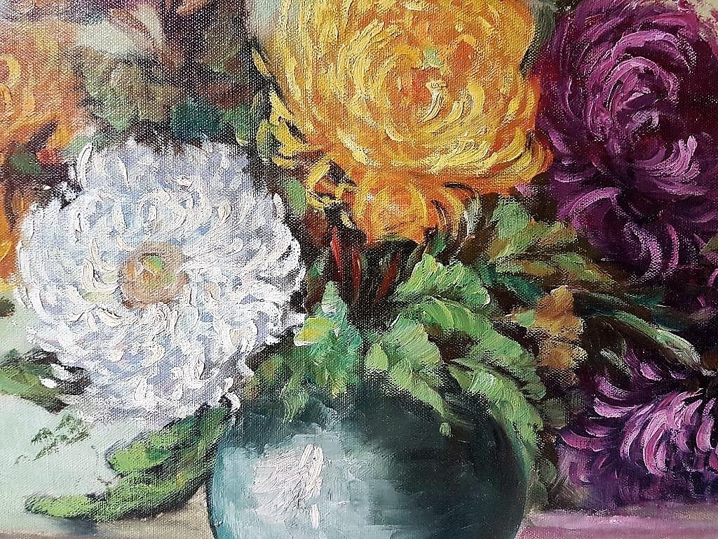 Jan van Vlaardingen (1913-1980), olieverf op paneel, Bolcrysanten op een vaas kopen? Bied vanaf 50!