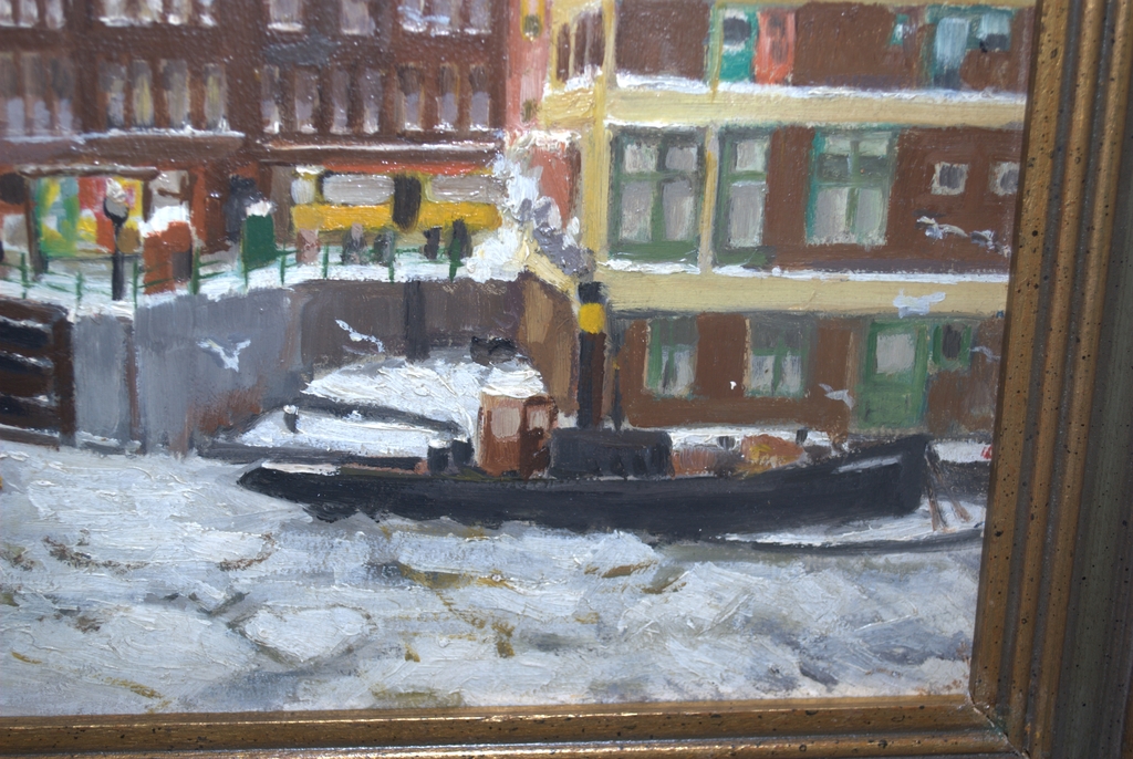 Amsterdam, winter op de gracht - olieverf - ingelijst verkocht voor € 35!