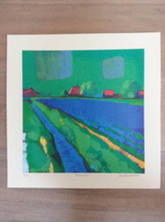 Jentsje Popma, zeefdruk op papier, titel: Bollenveld verkocht voor € 72!