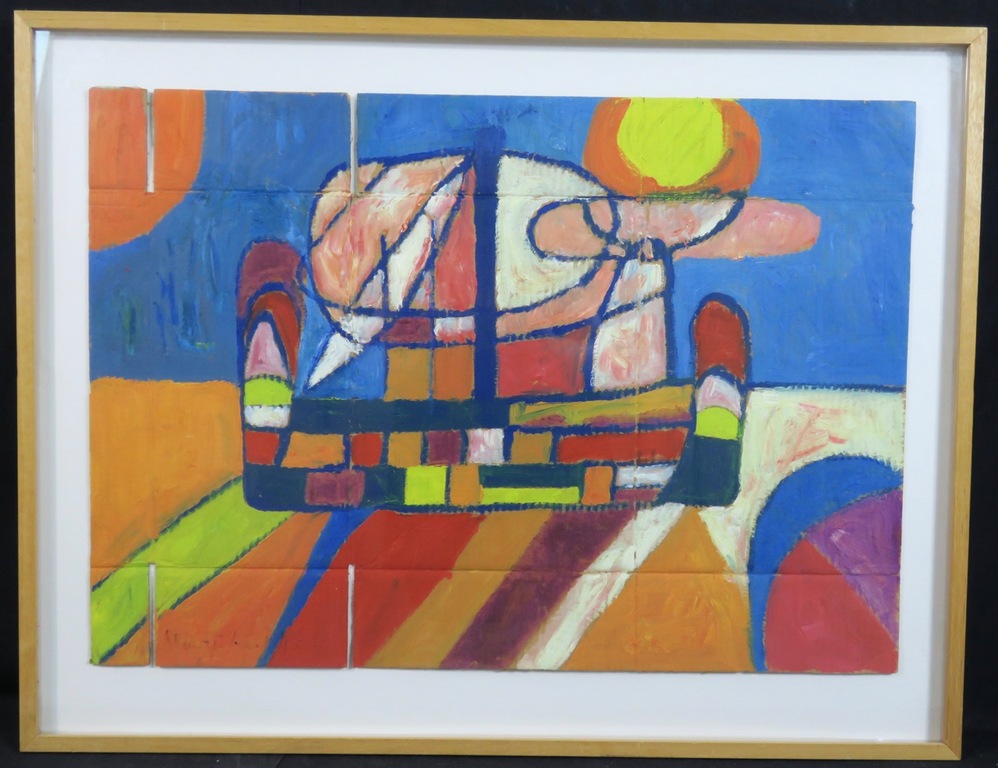 Meertje Kaal: Acryl en olieverf op karton, Odysseus boot - Ingelijst verkocht voor € 40!