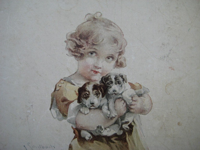 Schilbach , tekening aquarel , meisje met puppy hondjes  kopen? Bied vanaf 1!