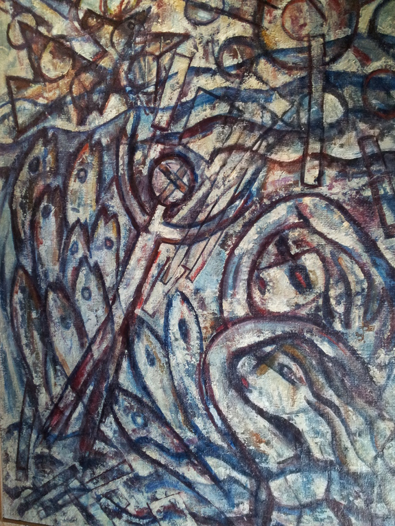 R van de Wint, Visserslatijn 1963, olie paneel 90 x 125 ro gesign/datum 63 verkocht voor € 350!