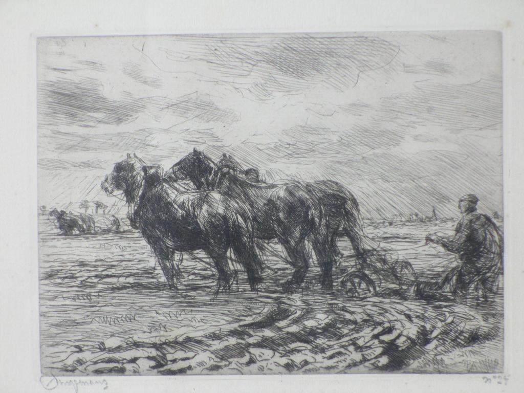 Waalco Jans Dingemans, Ploegende paarden, Ets 1906 verkocht voor € 50!