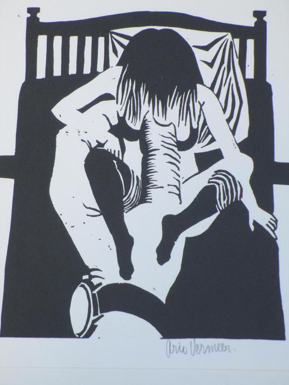 Arie Vermeer, Op tijd naar bed!, Linosnede verkocht voor € 35!