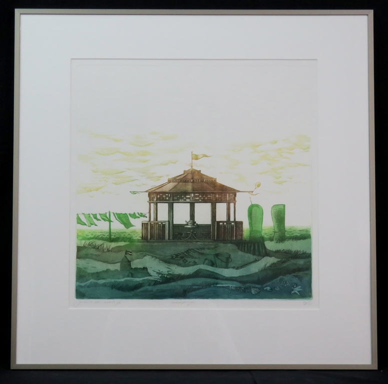 Jos van de Pol: Ets, Strandpaviljoen - Ingelijst verkocht voor € 40!
