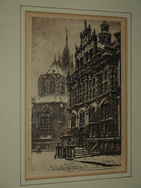 Cornelis Brandenburg: Ets, Stadsgezicht in de winter – Gesigneerd en ingelijst verkocht voor € 55!