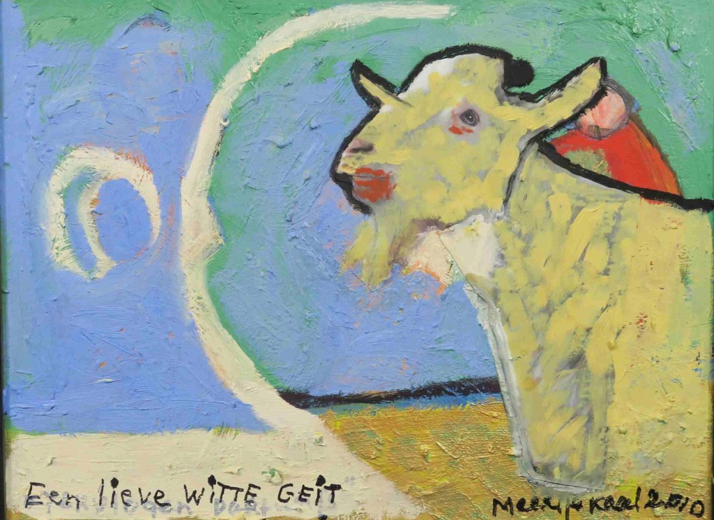 Meertje Kaal: Olieverf en collage op doek, Een lieve witte geit - Ingelijst kopen? Bied vanaf 1!