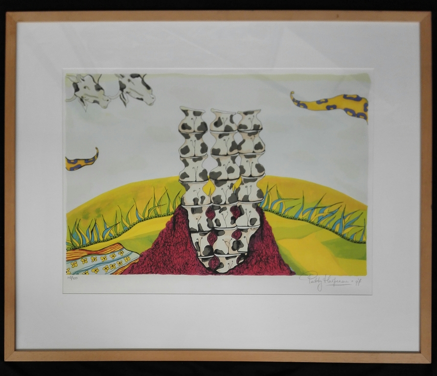 Patty Harpenau, zeefdruk op papier in lijst, Titel: stapel op koeien verkocht voor € 50!