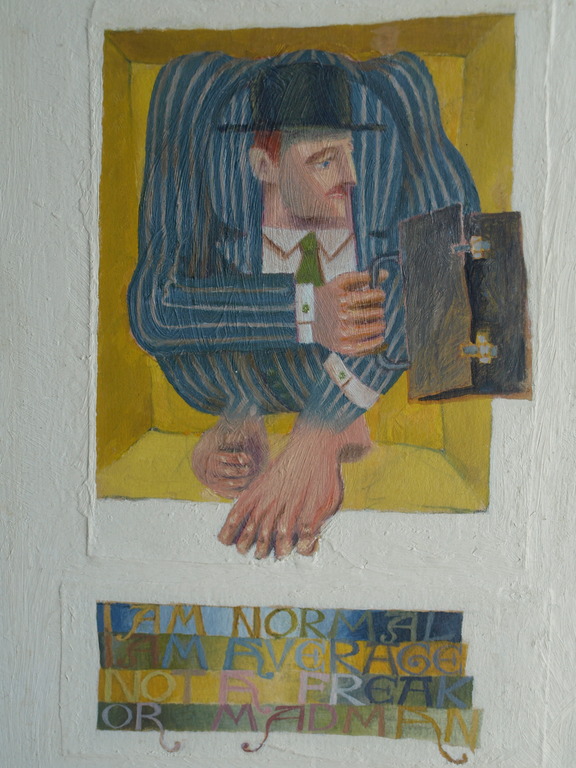 Onbekend : Olieverf op paneel , The Average Man + gedicht–gesigneerd & ingelijst verkocht voor € 90!