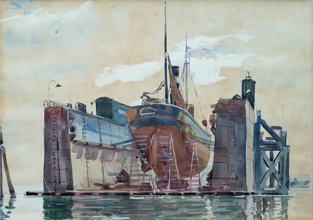 Jan Gerrit Jordens - Scheepsdok (1916), aquarel (ingelijst) kopen? Bied vanaf 295!