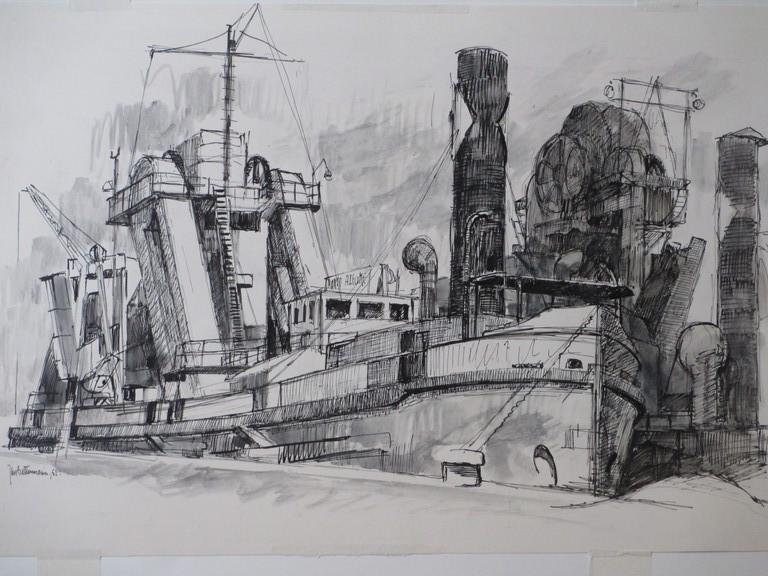 Jan Battermann, Schip in bevoorradingshaven, Inkttekening '52 kopen? Bied vanaf 1!