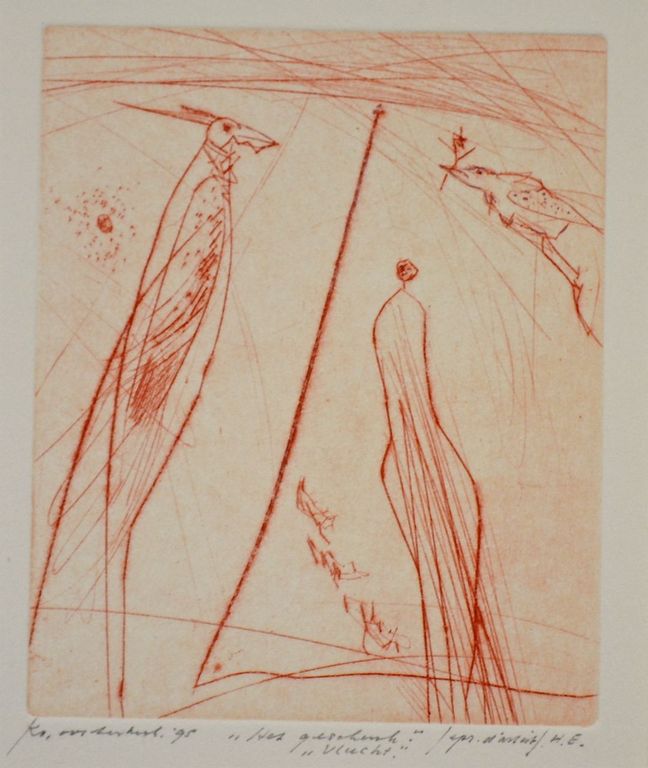 Ko Oosterkerk: Kleurenets/aquatint. Het geschenk/Vlucht verkocht voor € 35!