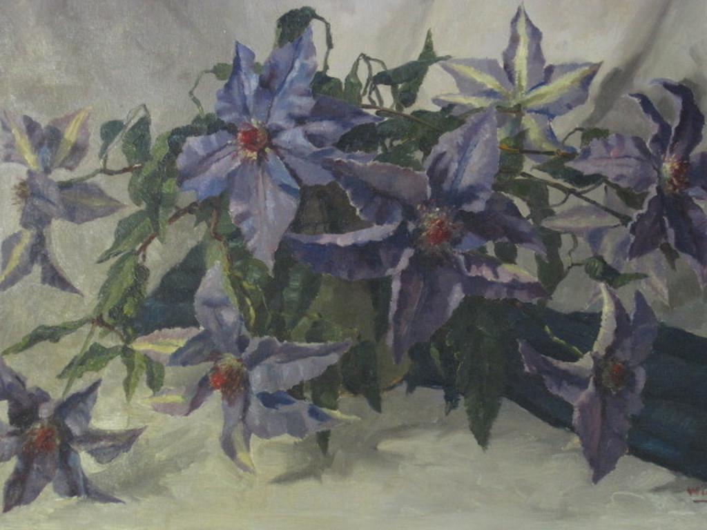 Fraai antiek stilleven  "paarse clematis" door Rotterdammer Wim Heinecke kopen? Bied vanaf 1!