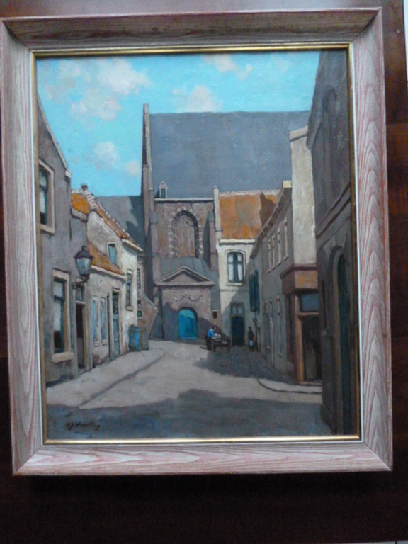 Hendrik Jan Wesseling-olieverf-Lange Begijnenstraat en Waalse Kerk Haarlem kopen? Bied vanaf 595!