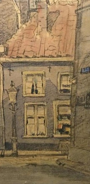 Onbekende Kunstenaar - Aquarel/Houtskool op board - Straattafereel zonder titel. kopen? Bied vanaf 1!