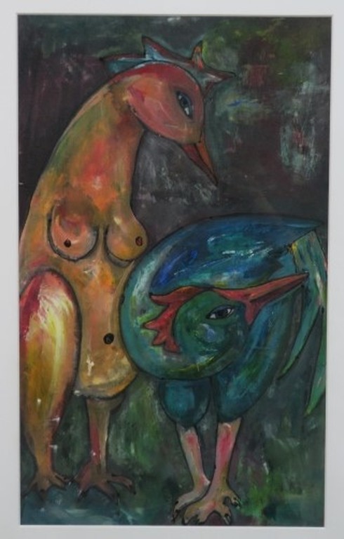 Franca Muller Jabusch: Gouache, Kippenpaar - Ingelijst kopen? Bied vanaf 60!