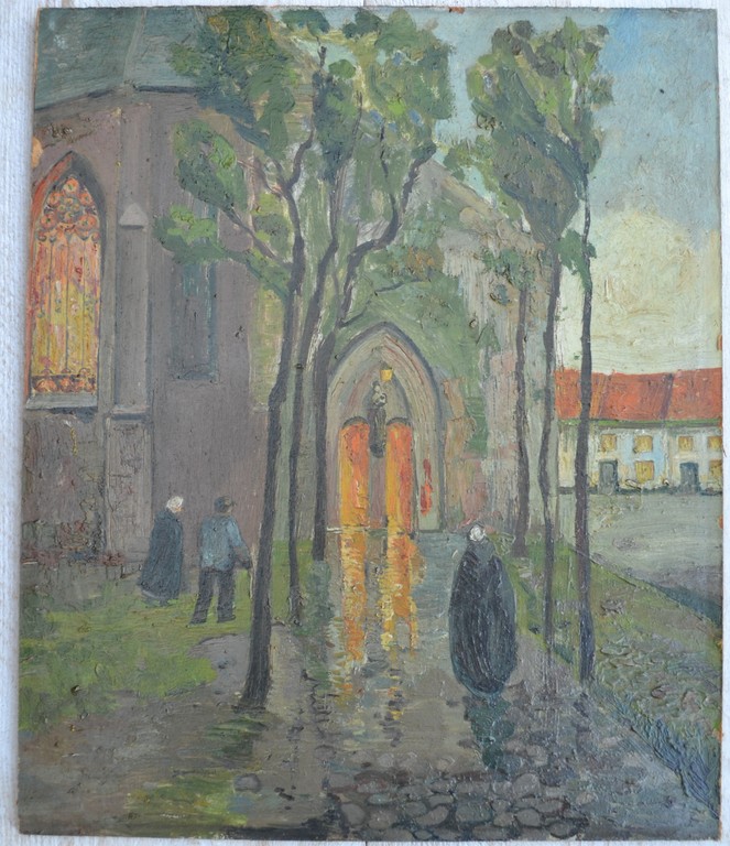 Impressionistisch olieverf schilderij, kerkgang. kopen? Bied vanaf 1!
