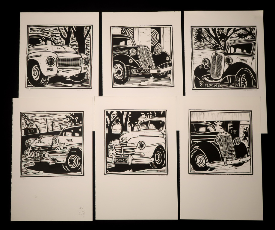 Peter Breevoort: Serie van 6 lino's, Oldtimers kopen? Bied vanaf 50!