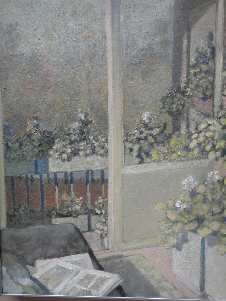 Jan Duyvetter, olieverf op board, doorkijkje naar balkon verkocht voor € 55!
