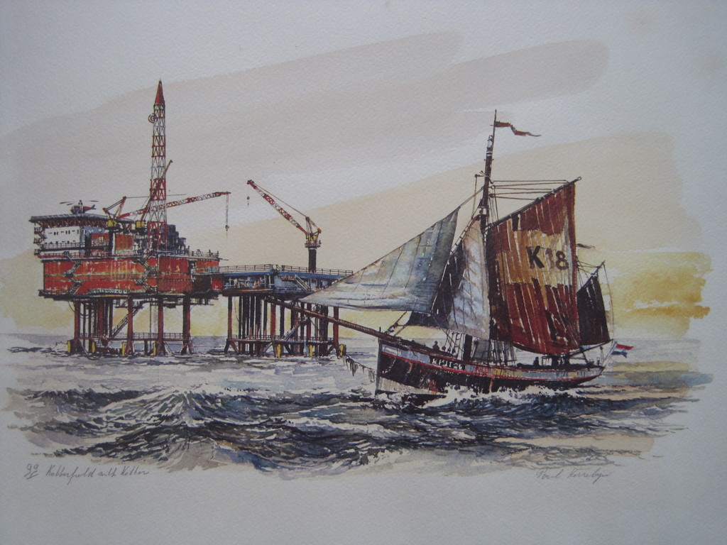 Handingekleurde Litho "Booreiland Cont.Netherlands Oil Co." van Paul Kerrebijn  kopen? Bied vanaf 1!