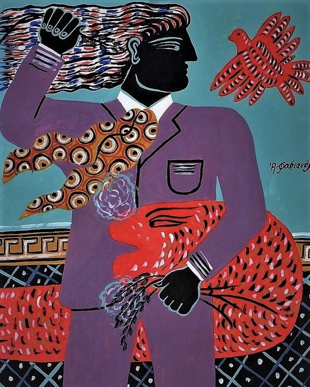 Man met vogel. Gouache achter glas. kopen? Bied vanaf 350!