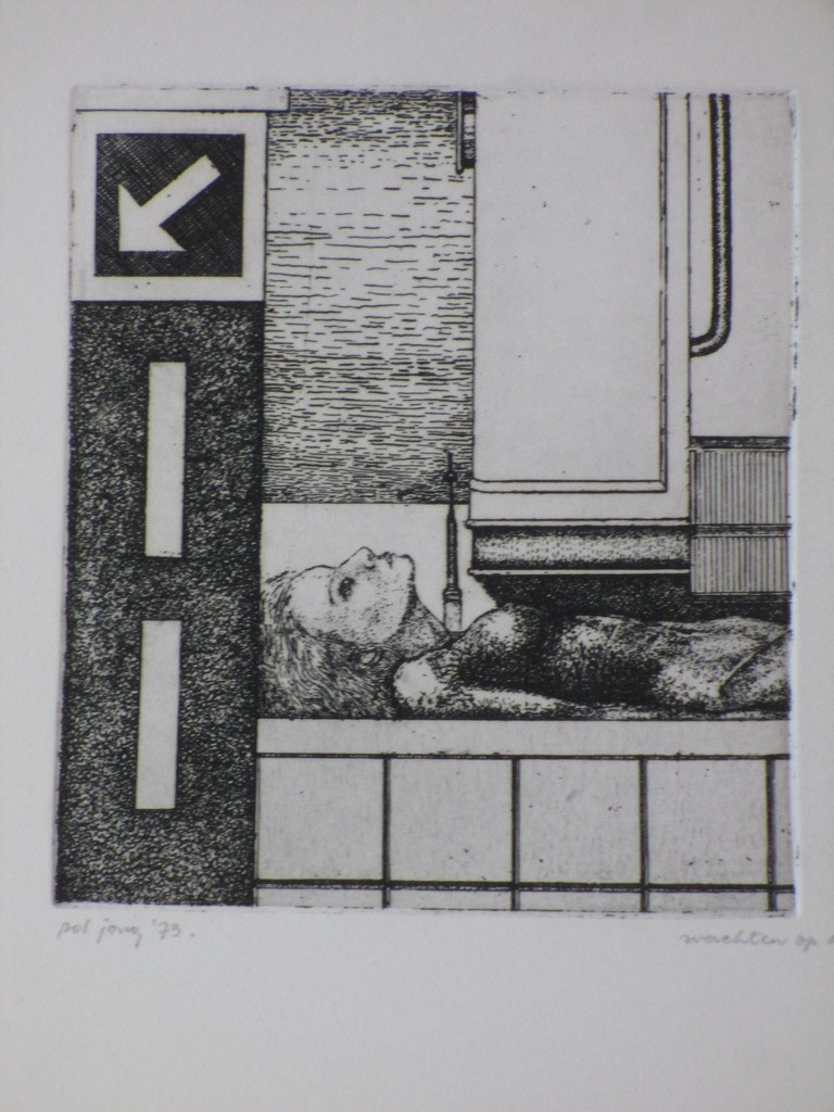 Pol Jong, Wachten op de tram, Ets 1973 kopen? Bied vanaf 35!
