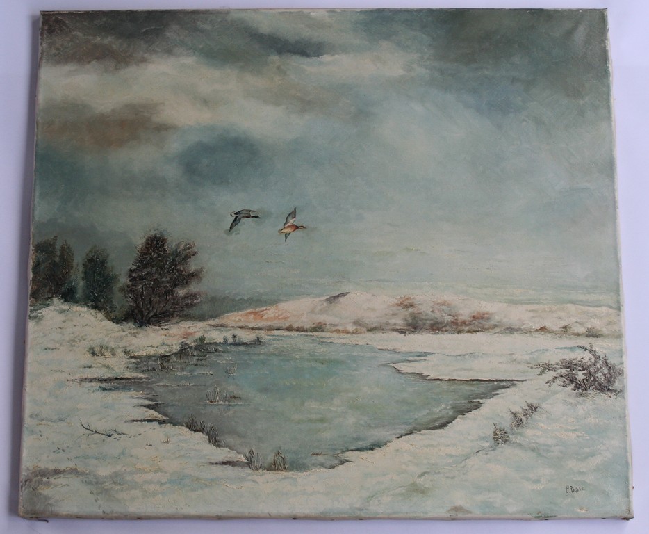 Onbekende kunstenaar - olieverf op doek - Winterlandschap met koppel eenden verkocht voor € 65!