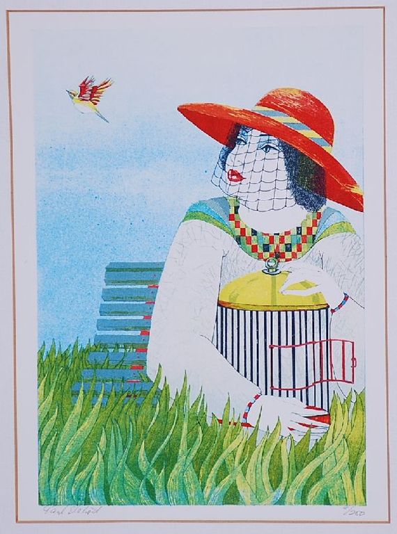Paul Eslhout: Kleurenlitho. Dame met vogelkooi kopen? Bied vanaf 40!