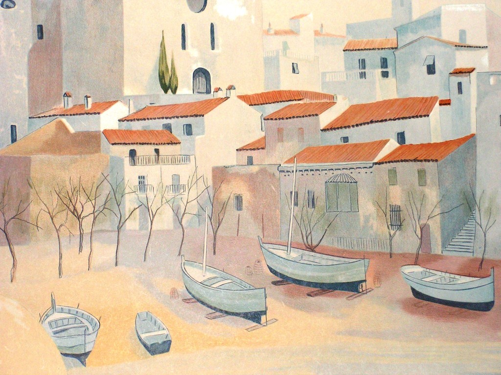 Guy Seradour - lithografie in kleur - Mediterraans dorpsgezicht verkocht voor € 35!